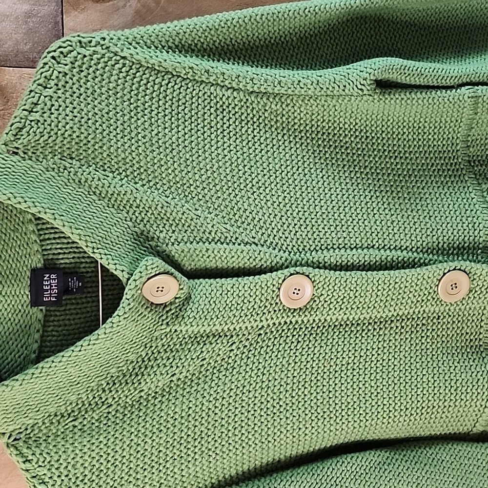Eileen Fisher green merino wool chunky long cardigan size Medium - Picture 7 of 8
